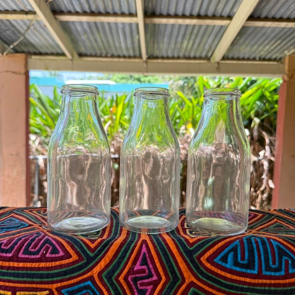 Clear Glass Milk Bottles Set of 3 Vintage Style Dairy Farm Decor 7" Cottagecore